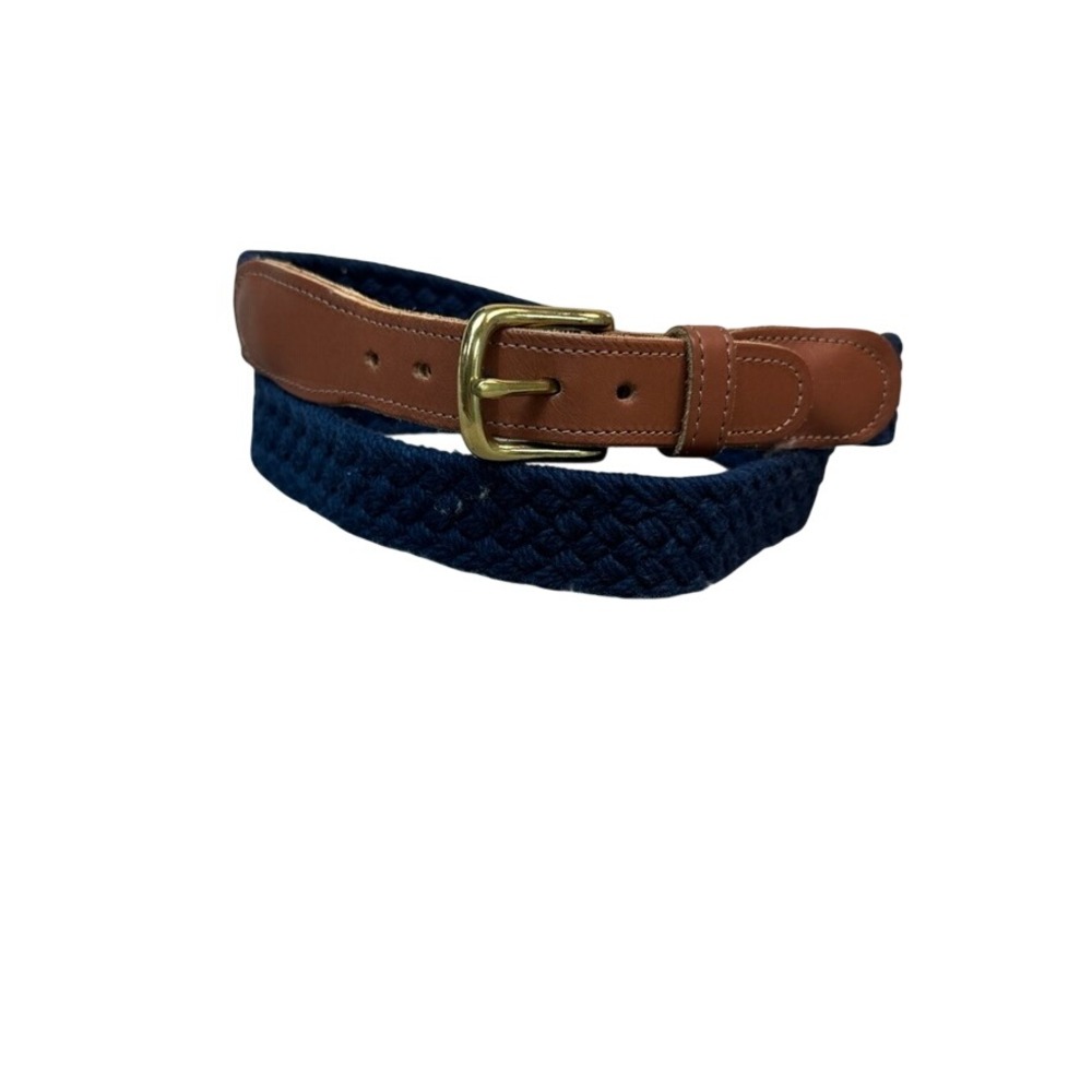 Preston New England Mens 36 Woven Surcingle Belt Navy Blue Brown Leather USA